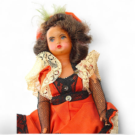 Vintage Can - Can Dancer Doll – Orange & Black Lace Cabaret CollectibleUnknownDollburlesque dancer dollcabaret collectible dollcollectible stage performer doll5