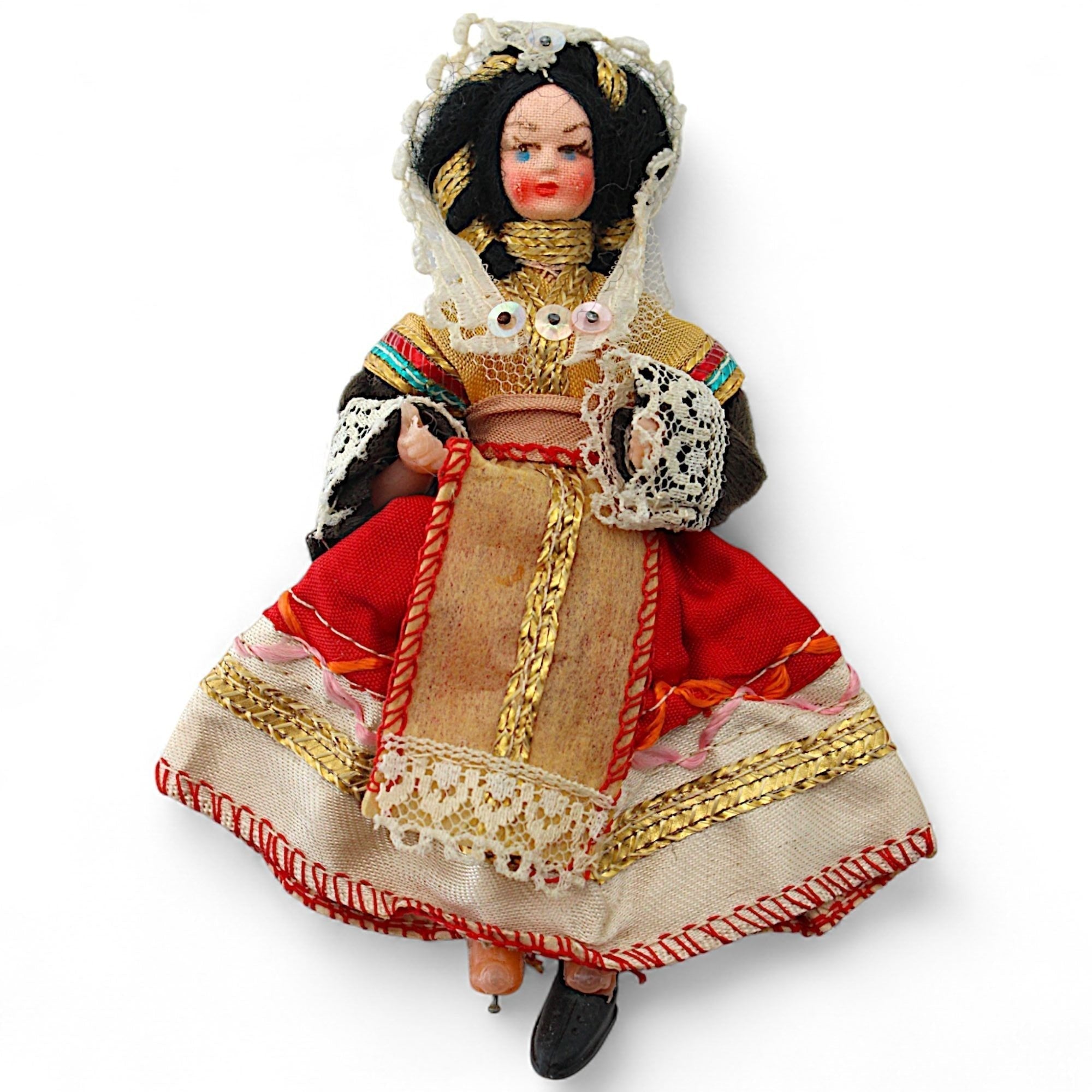 Vintage European Souvenir Doll with Lace Headpiece & Gold DressFlip Side CollectiblesDollcollectible dollcultural heritagedecorative doll1