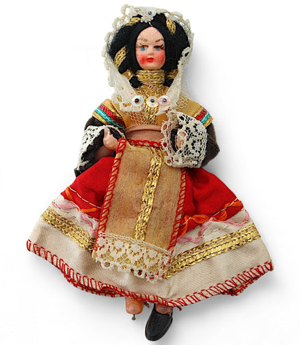 Vintage European Souvenir Doll with Lace Headpiece & Gold DressFlip Side CollectiblesDollcollectible dollcultural heritagedecorative doll1
