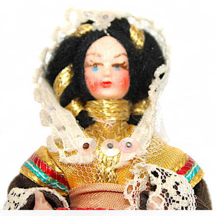 Vintage European Souvenir Doll with Lace Headpiece & Gold DressFlip Side CollectiblesDollcollectible dollcultural heritagedecorative doll6