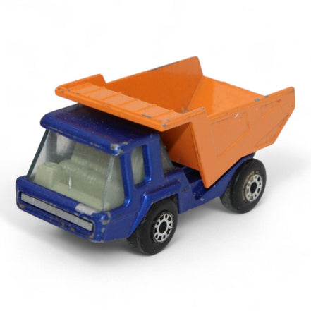 Vintage 1975 Lesney Matchbox Atlas Dump Truck in blue and orange with superfast wheels