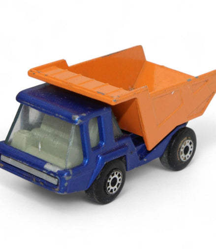 Vintage 1975 Lesney Matchbox Atlas Dump Truck in blue and orange with superfast wheels