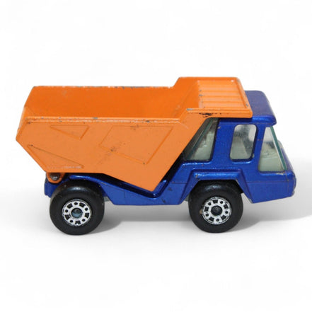 Rear view of the vintage blue and orange Lesney Matchbox Atlas Dump Truck