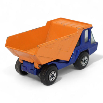 Vintage 1975 Lesney Matchbox Atlas Dump Truck in blue and orange with superfast wheels