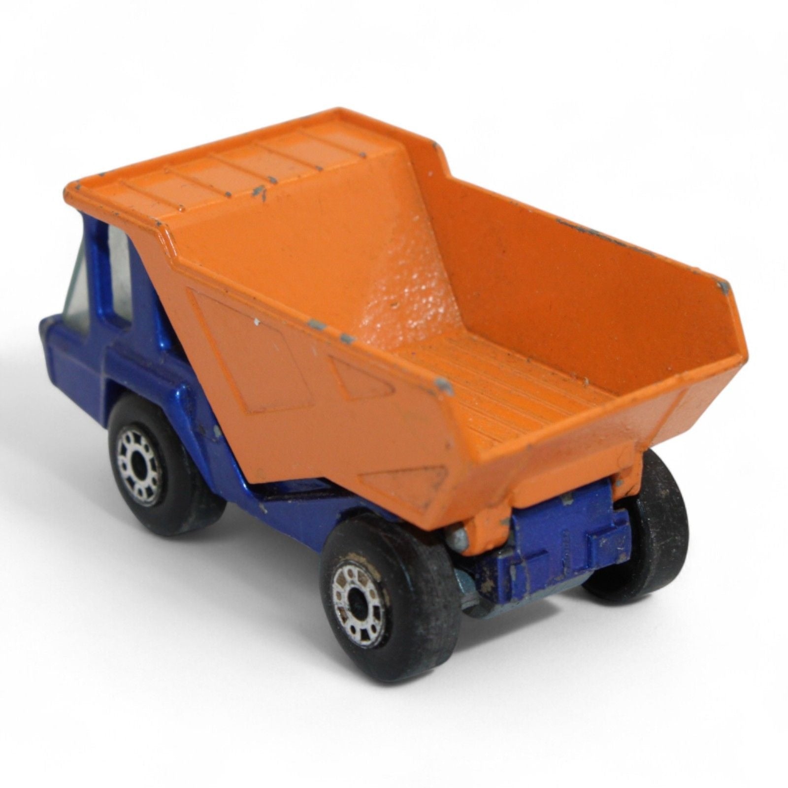 Vintage 1975 Lesney Matchbox Atlas Dump Truck in blue and orange with superfast wheels