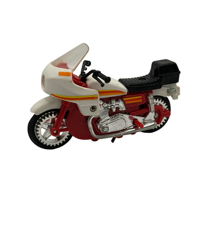 Vintage 1980s LJN Rough Riders 2X2 dirt bike toy in red and white with chrome accents