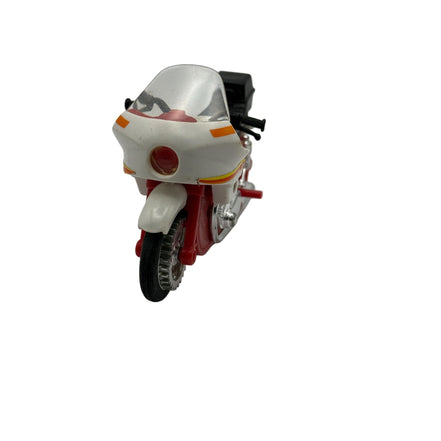 Front view of vintage LJN Rough Riders 2X2 dirt bike toy showing red and white design
