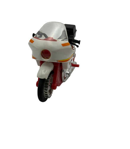 Front view of vintage LJN Rough Riders 2X2 dirt bike toy showing red and white design