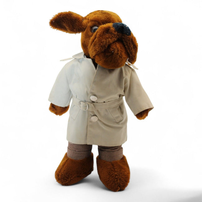 Vintage McGruff plush toy with beige trench coat and check pants