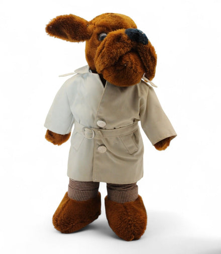 Vintage McGruff plush toy with beige trench coat and check pants