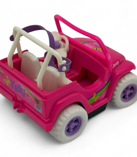 Rear view of the Barbie Kelly Jeep toy car showing floral decals