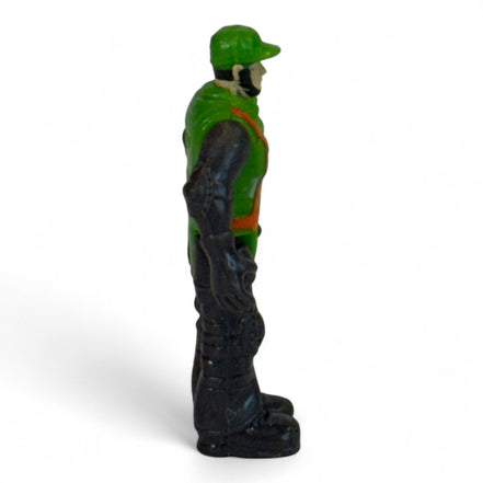 Alternate side view of vintage green and black toy soldier action figure