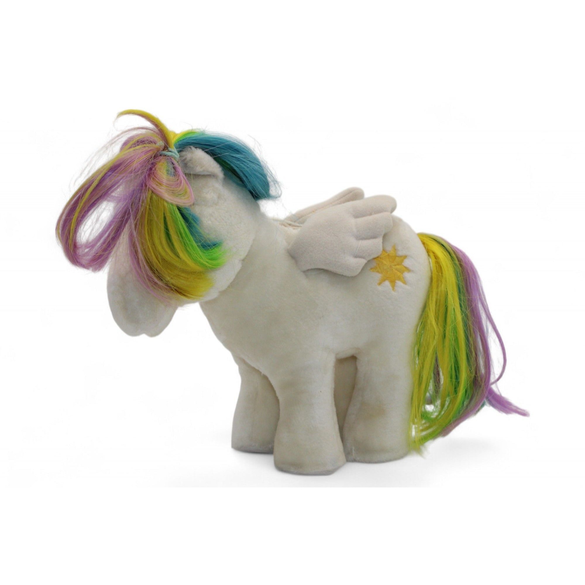 Front view of Hasbro Pegasus plush with colorful mane