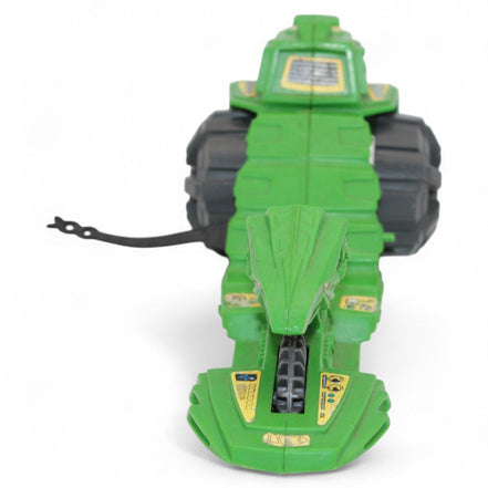 Front view of the vintage He-Man Road Ripper green toy vehicle