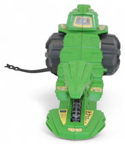 Front view of the vintage He-Man Road Ripper green toy vehicle