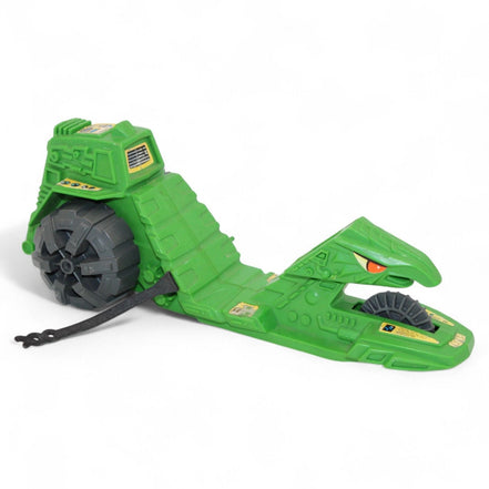 Side angle of the vintage He-Man Road Ripper green toy vehicle