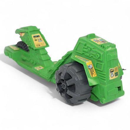 Close-up of the vintage He-Man Road Ripper green toy vehicle's details