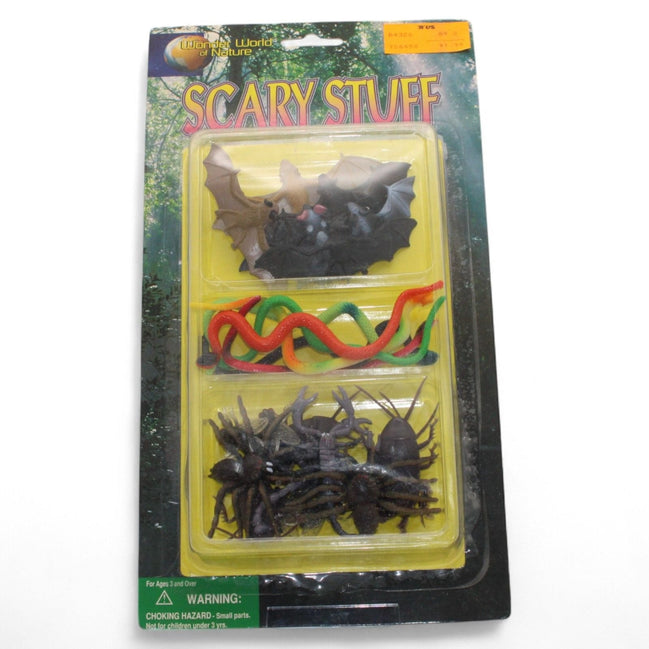 Vintage Scary Stuff Creature Set packaging with bats, spiders, and snakes