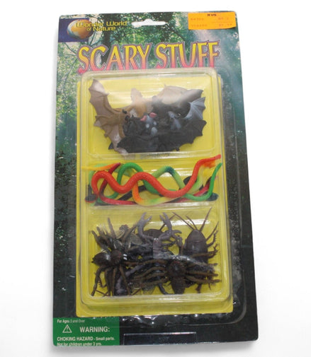 Vintage Scary Stuff Creature Set packaging with bats, spiders, and snakes