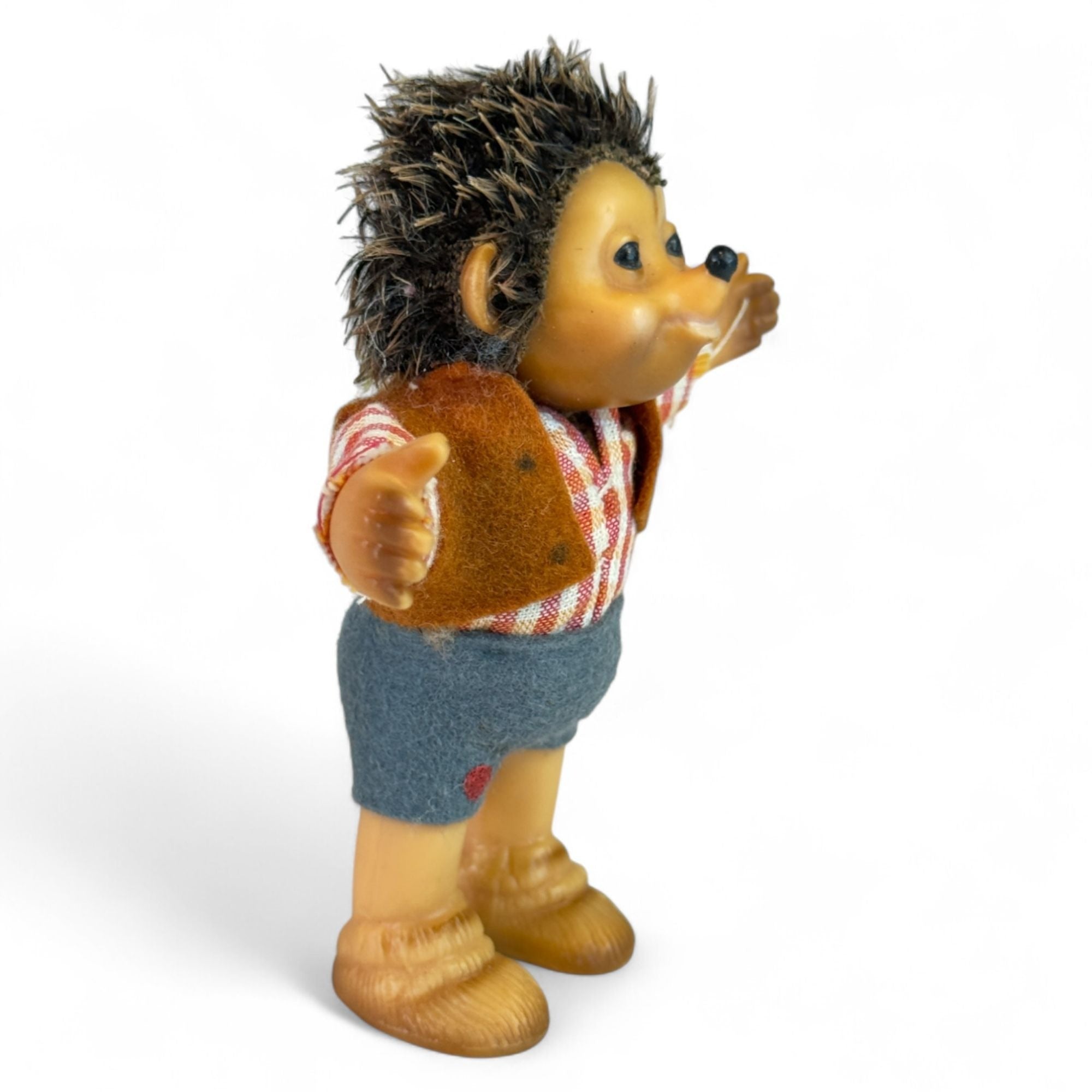Steiff hedgehog rubber toy with unique plaid clothing