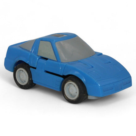 Side view of vintage Transformers G1 Freeway 1985 blue mini Autobot car
