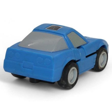 Back view of vintage Transformers G1 Freeway 1985 blue mini Autobot car