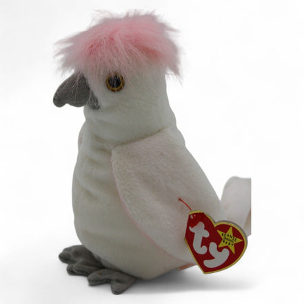 Side view of Kuku Cockatoo Beanie Baby with pink crest