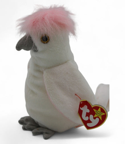 Side view of Kuku Cockatoo Beanie Baby with pink crest