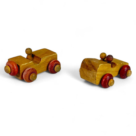 Classic wooden toy cars with natural wood and red wheels