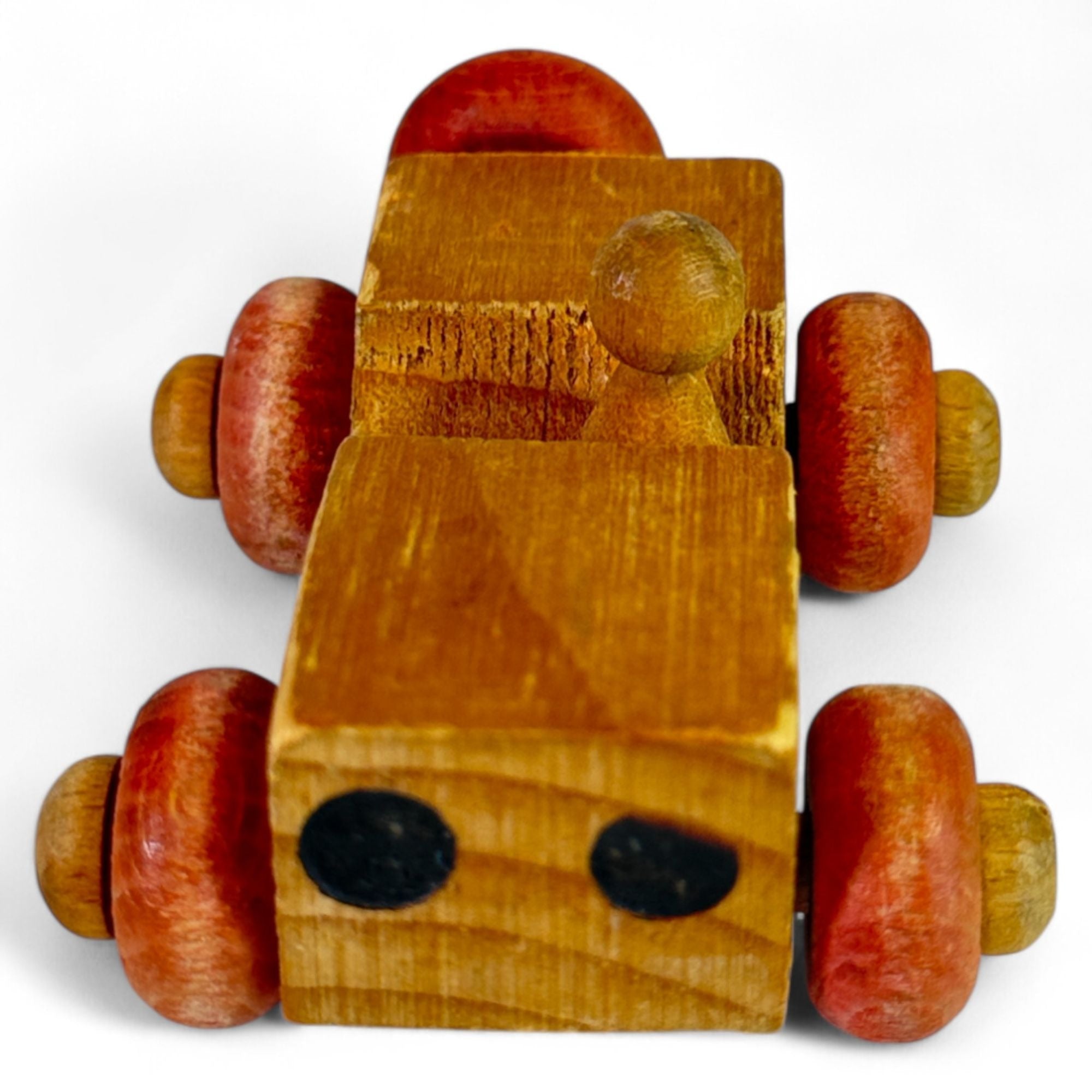 Handcrafted vintage wooden cars with red wheels