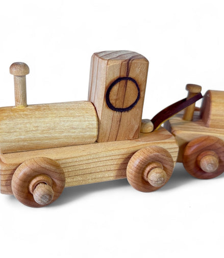 Close-up of the handcrafted wooden train engine