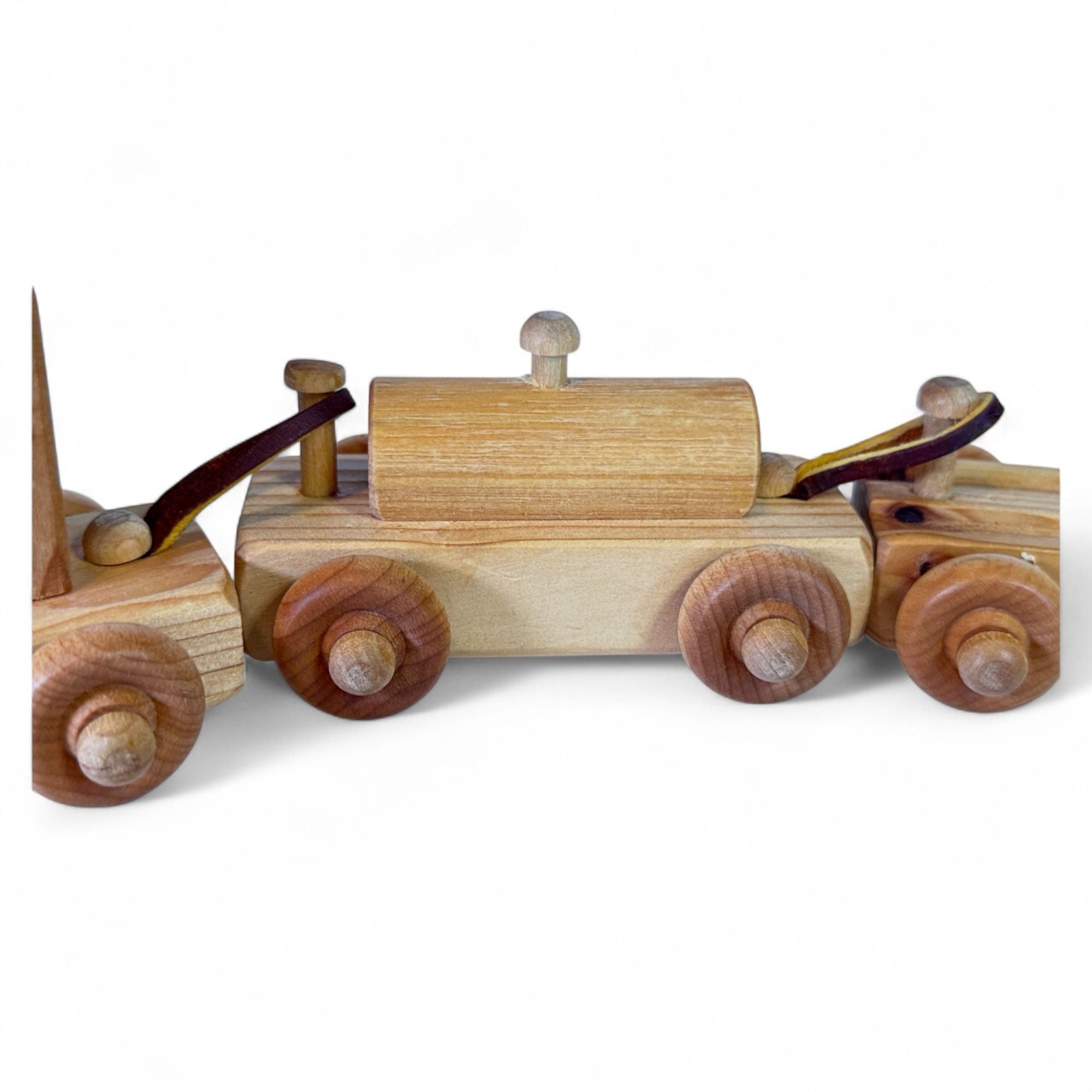 Detailed view of the wooden train car with natural finish