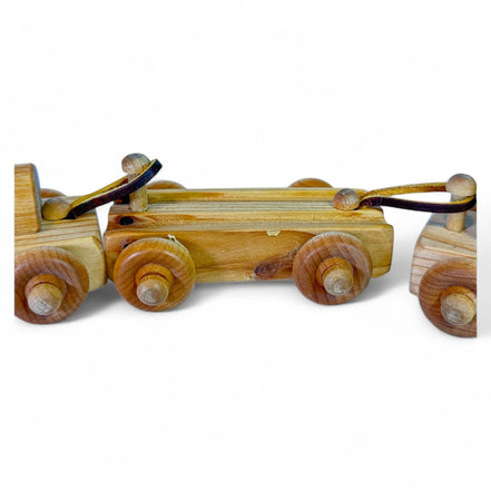 Side view of the wooden train car showing craftsmanship
