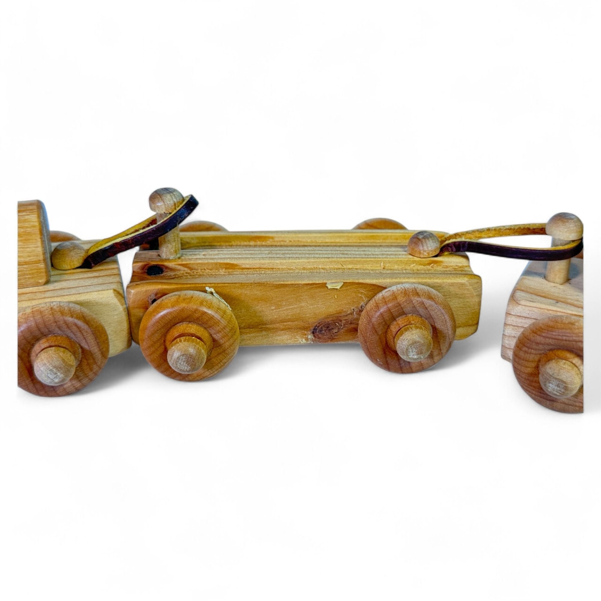 Side view of the wooden train car showing craftsmanship