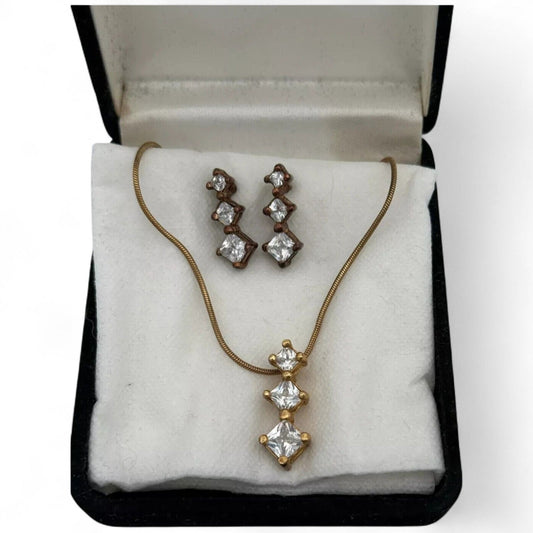 Bijoux Terner Gold Necklace & Earrings Set With Diamond-Shaped Rhinestones