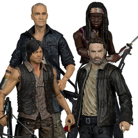 The Walking Dead action figures featuring Daryl Dixon, Michonne, Merle Dixon, and Rick Grimes