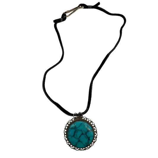 Vintage Sterling Silver Necklace With Turquoise Pendant & Black Cord 16" Length Handcrafted In Mexico