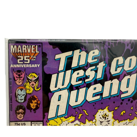 Close-up of Marvel 25th Anniversary logo on West Coast Avengers #12