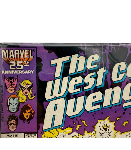 Close-up of Marvel 25th Anniversary logo on West Coast Avengers #12