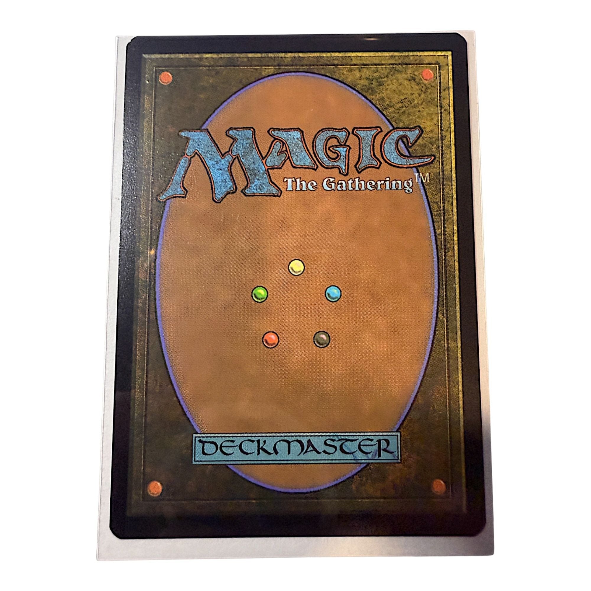 Back of a Magic The Gathering card with the Deckmaster logo