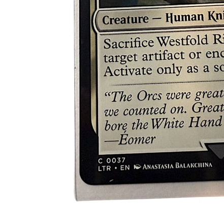 Close-up of the Westfold Rider card showing the card text and flavor quote