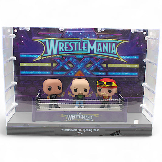 WWE WrestleMania 30 Opening Toast Funko Pop Deluxe Set #05 featuring The Rock, Stone Cold Steve Austin, and Hulk Hogan inside a wrestling ring display
