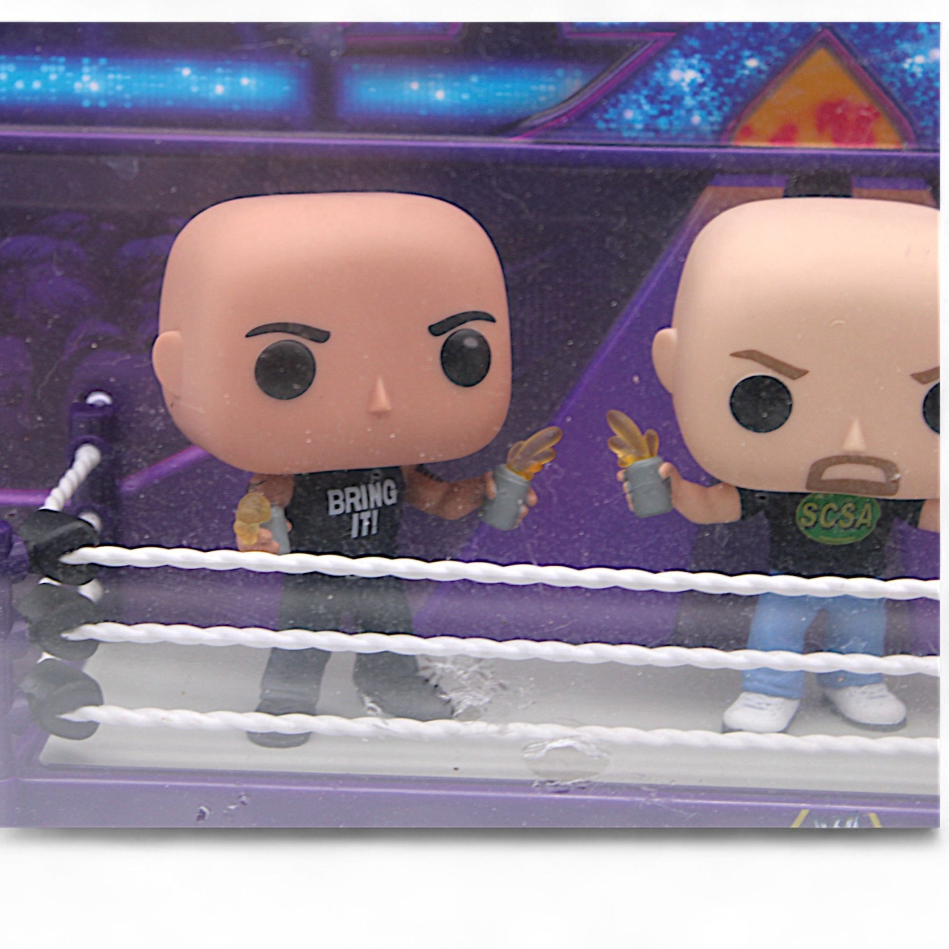 WWE WrestleMania 30 Opening Toast Funko Pop Deluxe Set #05 featuring The Rock, Stone Cold Steve Austin, and Hulk Hogan inside a wrestling ring display
