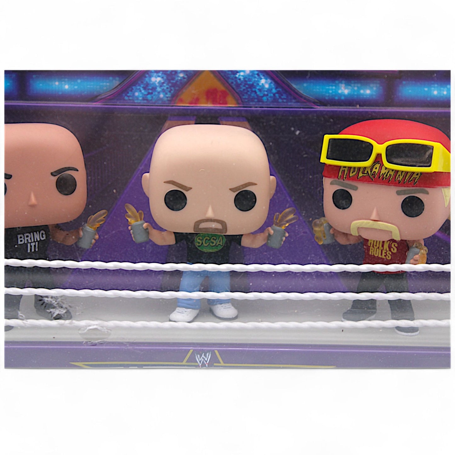 WWE WrestleMania 30 Opening Toast Funko Pop Deluxe Set #05 featuring The Rock, Stone Cold Steve Austin, and Hulk Hogan inside a wrestling ring display
