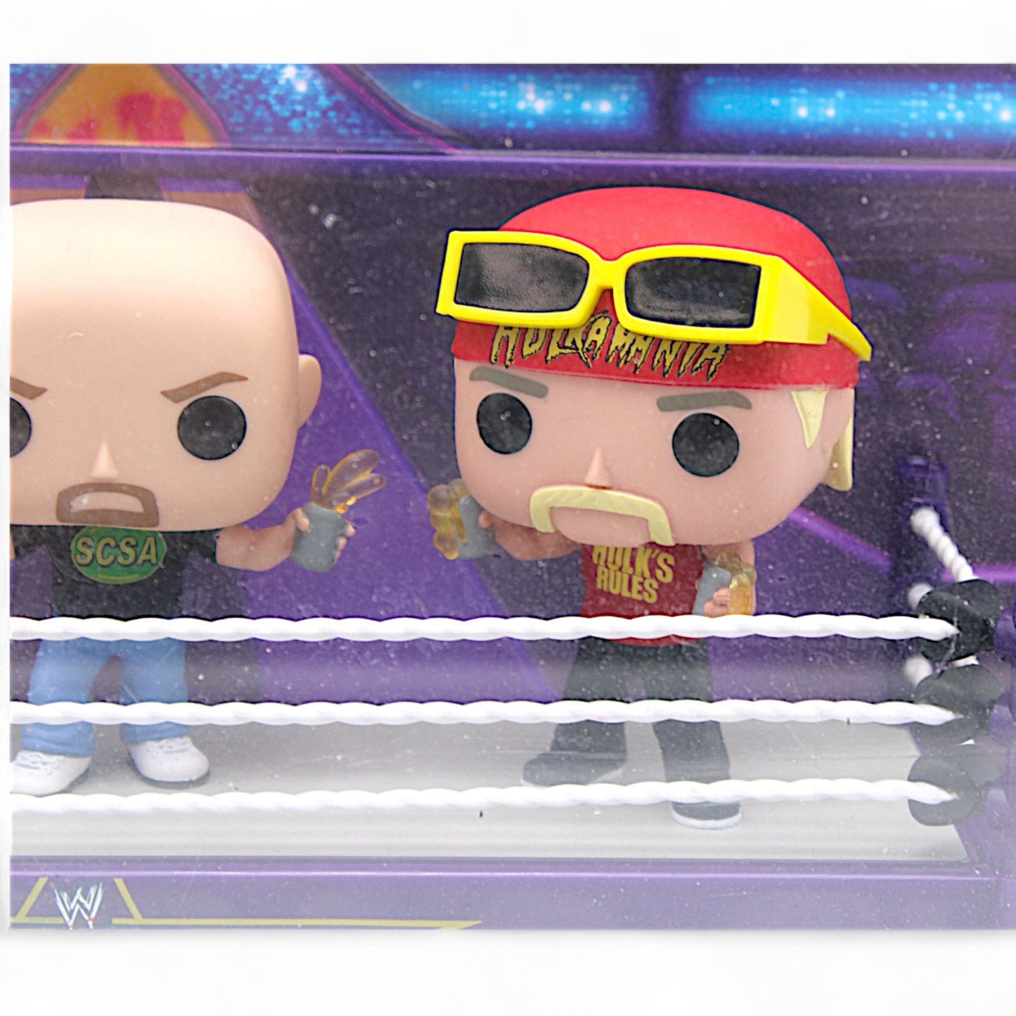 WWE WrestleMania 30 Opening Toast Funko Pop Deluxe Set #05 featuring The Rock, Stone Cold Steve Austin, and Hulk Hogan inside a wrestling ring display
