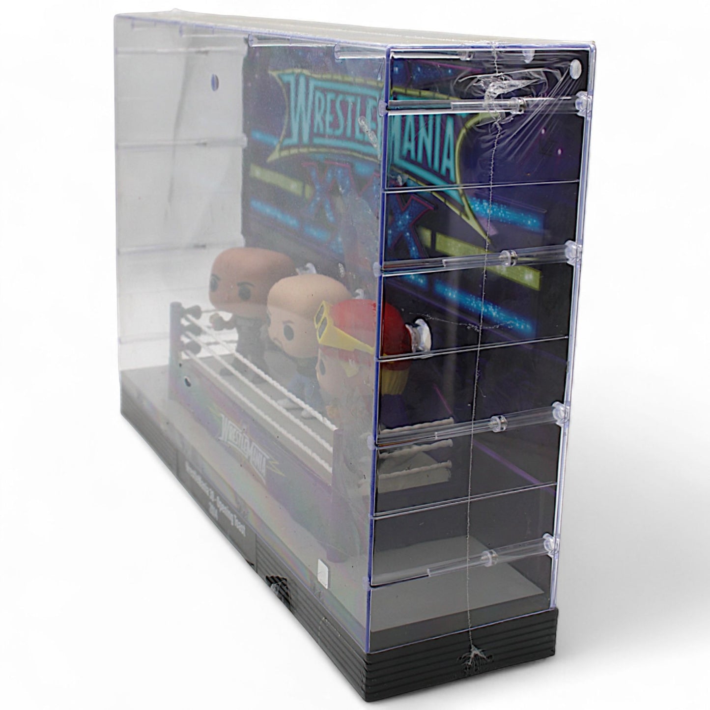 WWE WrestleMania 30 Opening Toast Funko Pop Deluxe Set #05 featuring The Rock, Stone Cold Steve Austin, and Hulk Hogan inside a wrestling ring display

