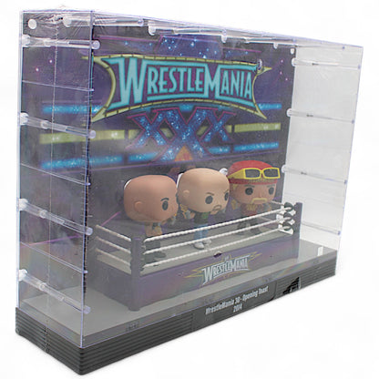 WWE WrestleMania 30 Opening Toast Funko Pop Deluxe Set #05 featuring The Rock, Stone Cold Steve Austin, and Hulk Hogan inside a wrestling ring display
