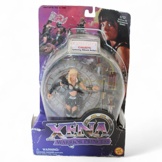 Vintage Toy Biz Xena: Warrior Princess action figure — Callisto with spinning attack action and multiple accessories, in original blister packaging from the TV series.
