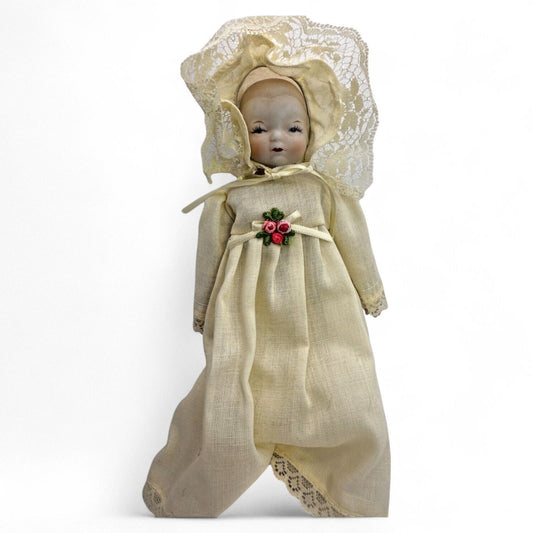 Vtg 1982 Schmid Happyland 7.5" Porcelain Bisque Doll With Lace Bonnet & Floral Accent