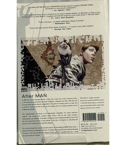 Back cover of Y: The Last Man Book One, showcasing reviews and a scene with the main character and monkey.